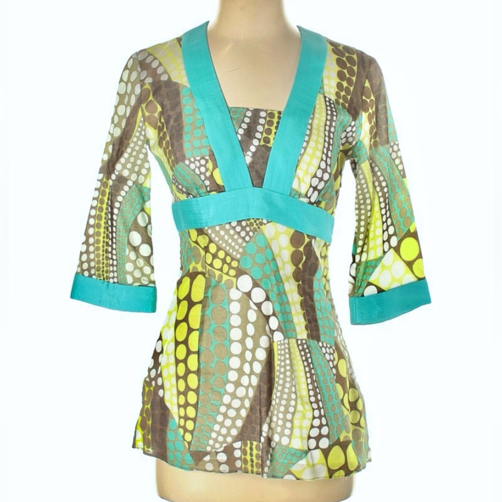 MILLY of NEW YORK Turquoise + Green Mod Print Top 3/4 sleeves Size 2 - Picture 16 of 16
